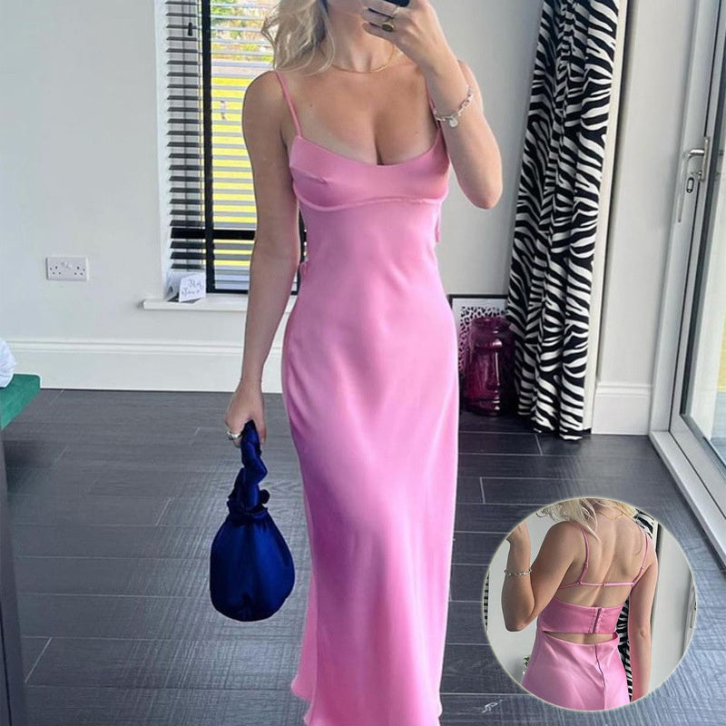 Women Camis Satin Long Dresses Elegant Sleeveless Slip Holiday Party Dresses Sexy Casual Backless Summer Dresses