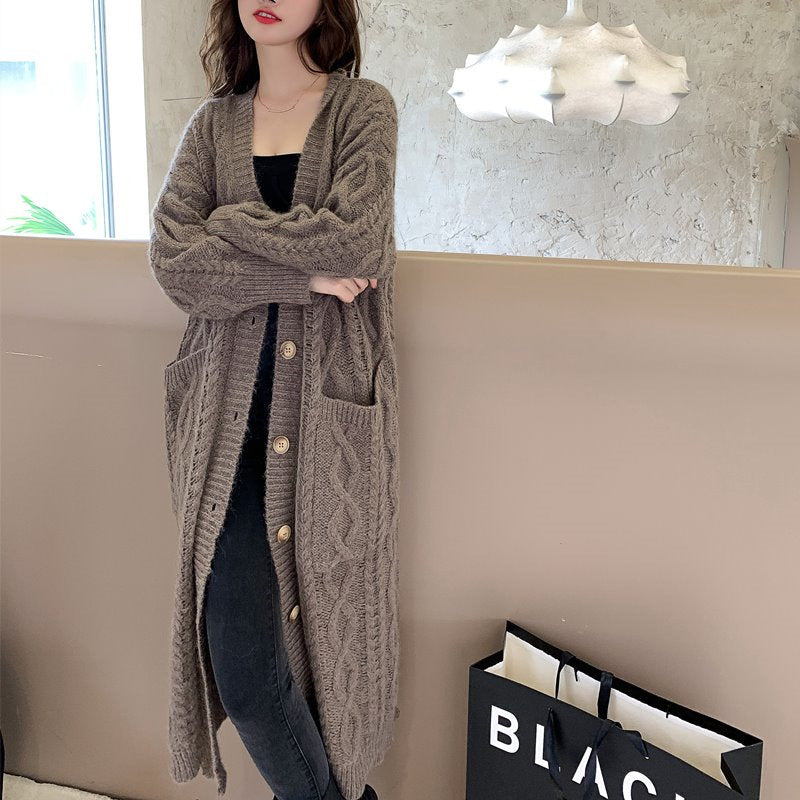 Retro Lazy Good Matching Knitted Cardigan Jacket Female Mohair Mid-length Wool Loose