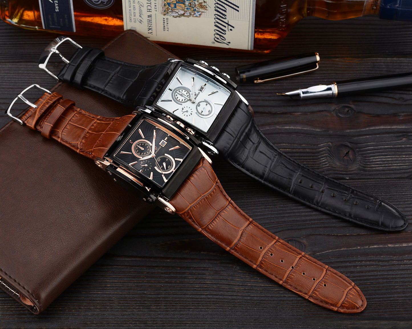 Square leather strap watch men