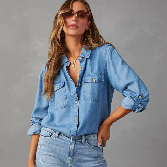 Cross Border Leisure Lapel Single Breasted Women's Long-sleeved Denim