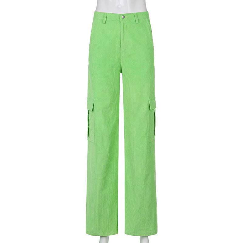 Rapcopter Green Corduroy Pants For Women Big Pockets Cargo Pants Y2K Retro Style Trousers Autumn Winter High Waist Pants 90S