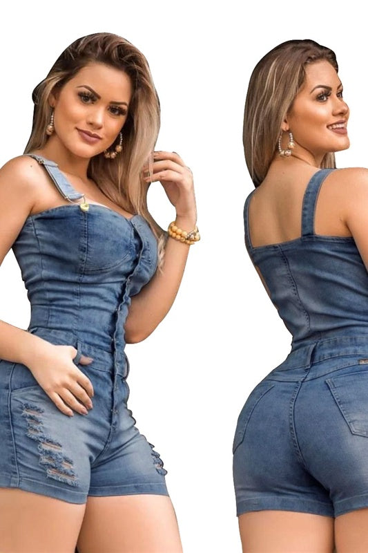 Plus Size Elegance Cotton Jeans Woman Ladies Short Romper