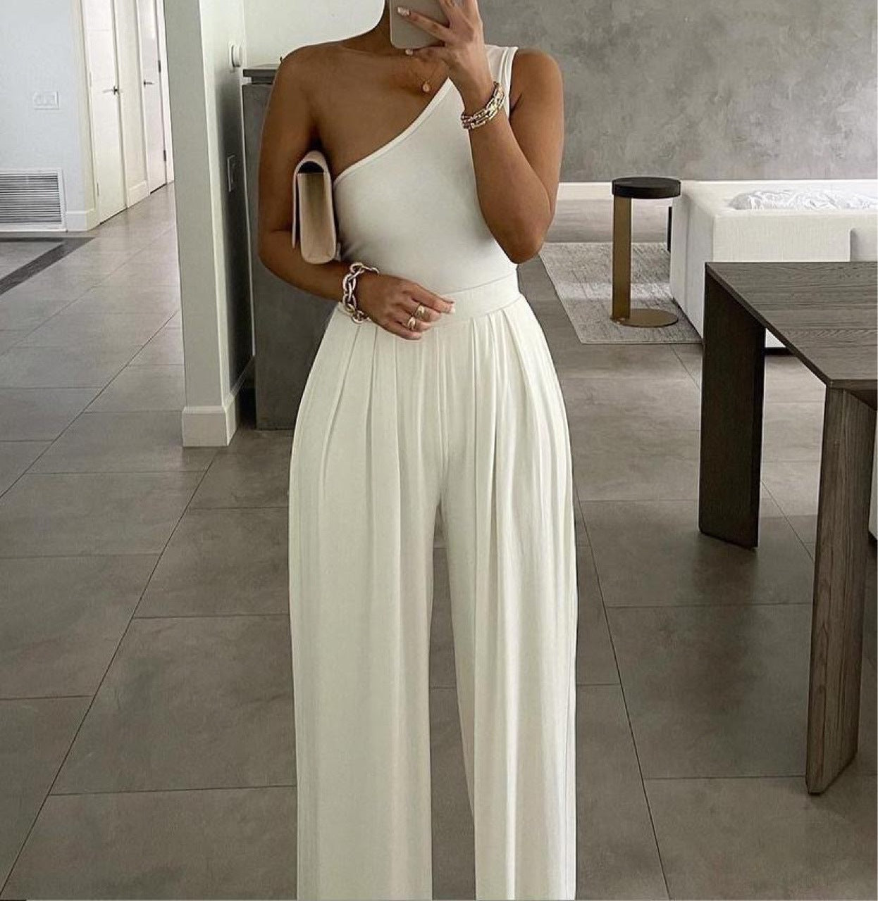 One-shoulder Sleeveless Asymmetric Casual Jumpsuit Solid Color Jumpsuit