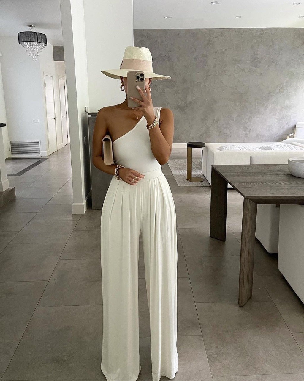 One-shoulder Sleeveless Asymmetric Casual Jumpsuit Solid Color Jumpsuit