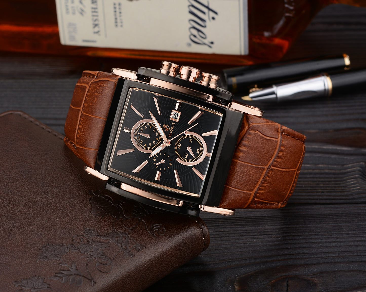 Square leather strap watch men