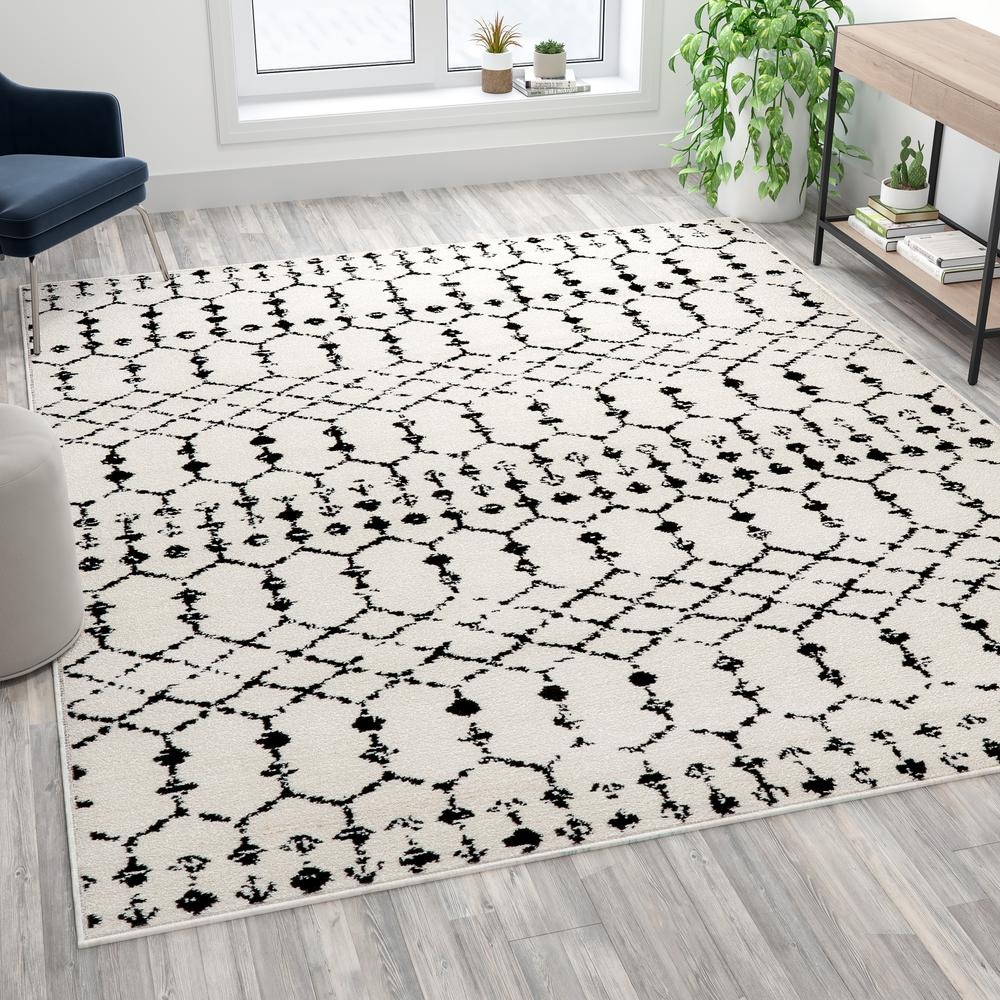 Geometric Bohemian Low Pile Rug - 8' x 10' - Ivory/Black