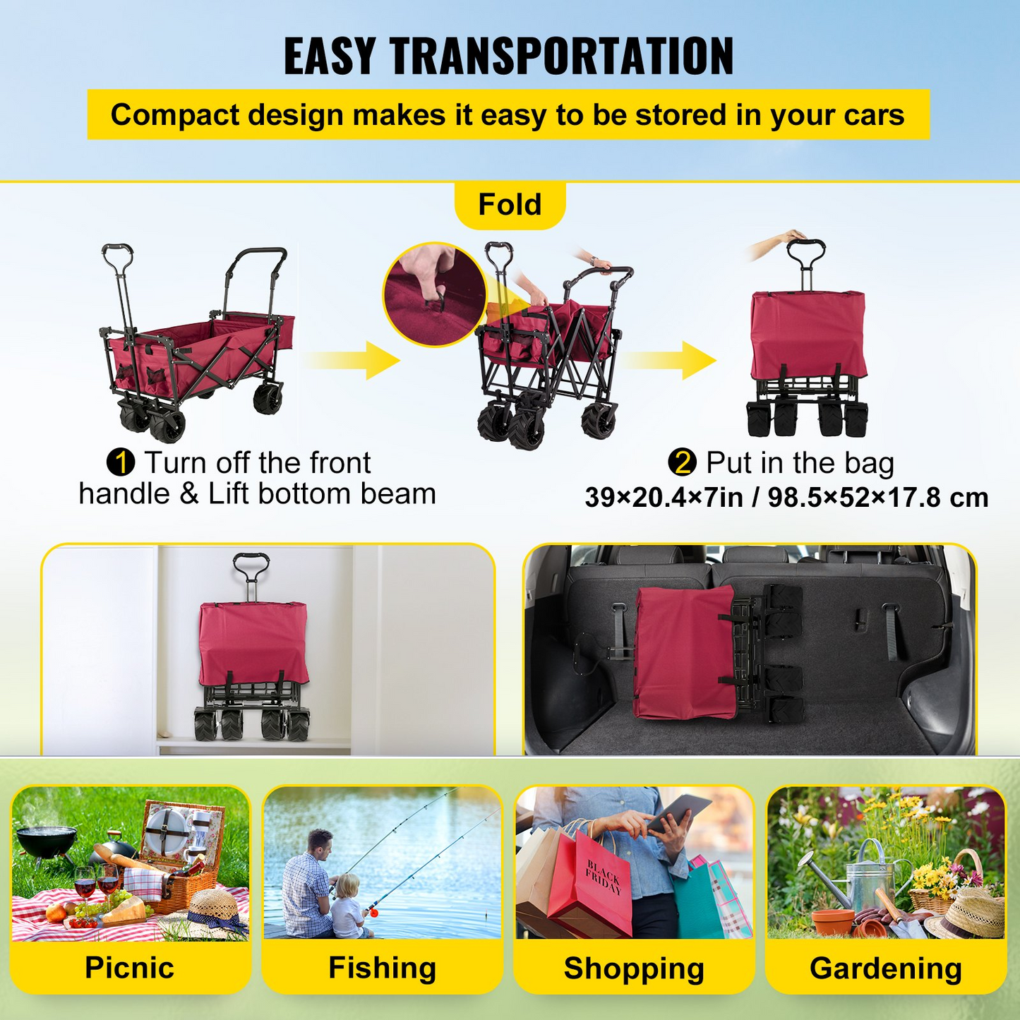 Extra Large Collapsible Garden Cart with Removable Canopy, Folding Wagon Utility Carts with Wheels and Rear Storage, Wagon Cart for Garden, Camping, Grocery Cart, Shopping Cart, Red