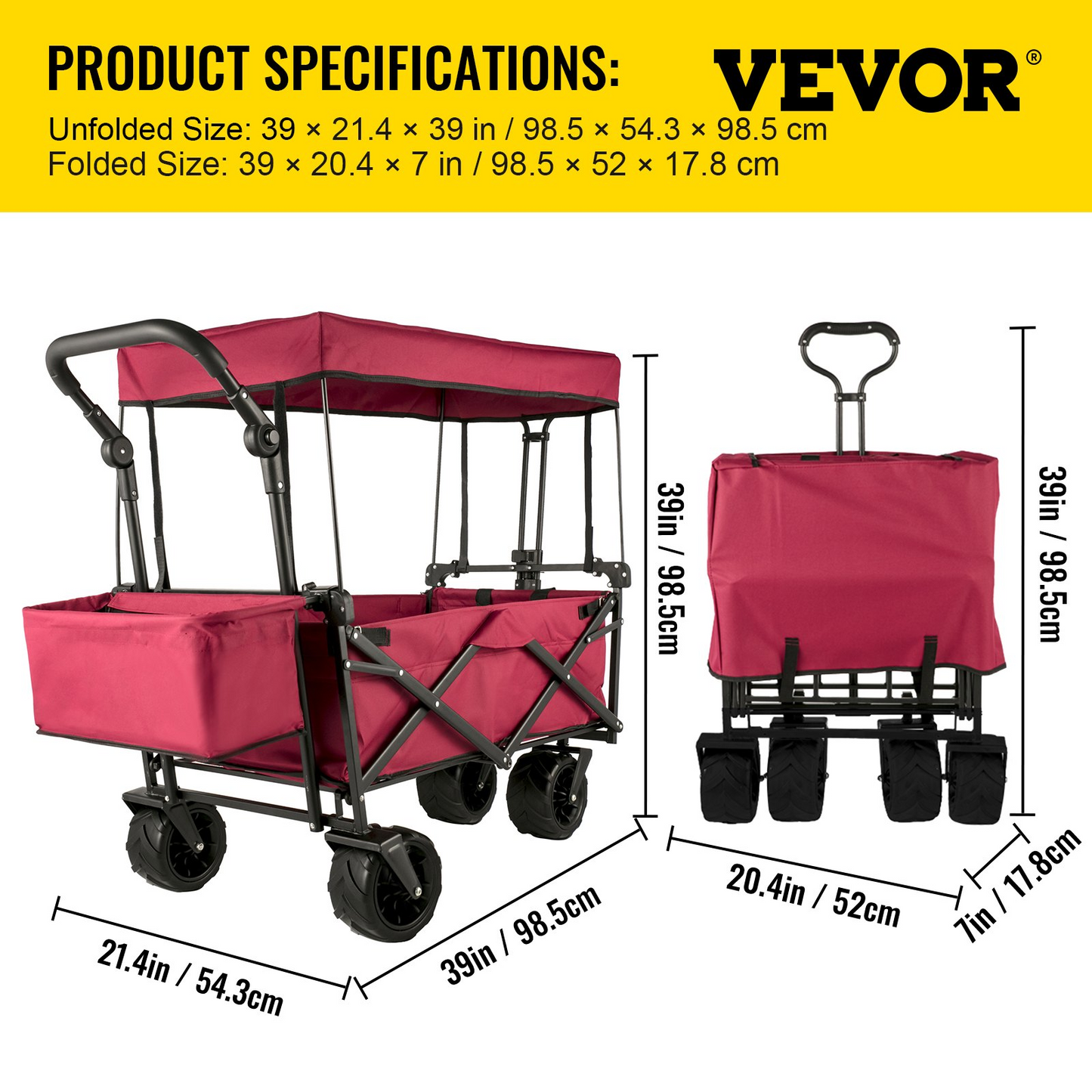 Extra Large Collapsible Garden Cart with Removable Canopy, Folding Wagon Utility Carts with Wheels and Rear Storage, Wagon Cart for Garden, Camping, Grocery Cart, Shopping Cart, Red