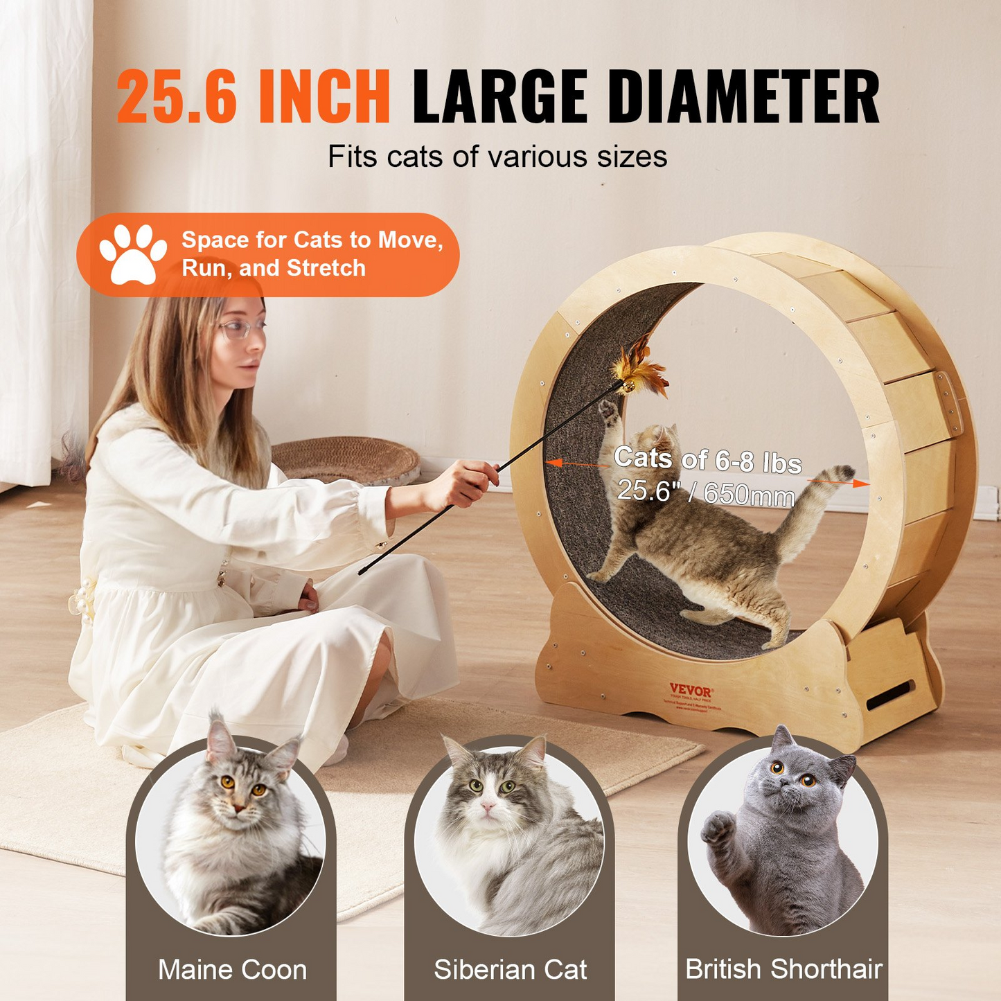 VEVOR Cat Exercise Wheel, Large Cat Treadmill Wheel for Indoor Cats, 29.5 inch Cat Running Wheel with Detachable Carpet and Cat Teaser for Running/Walking/Training, Suitable for Most Cats