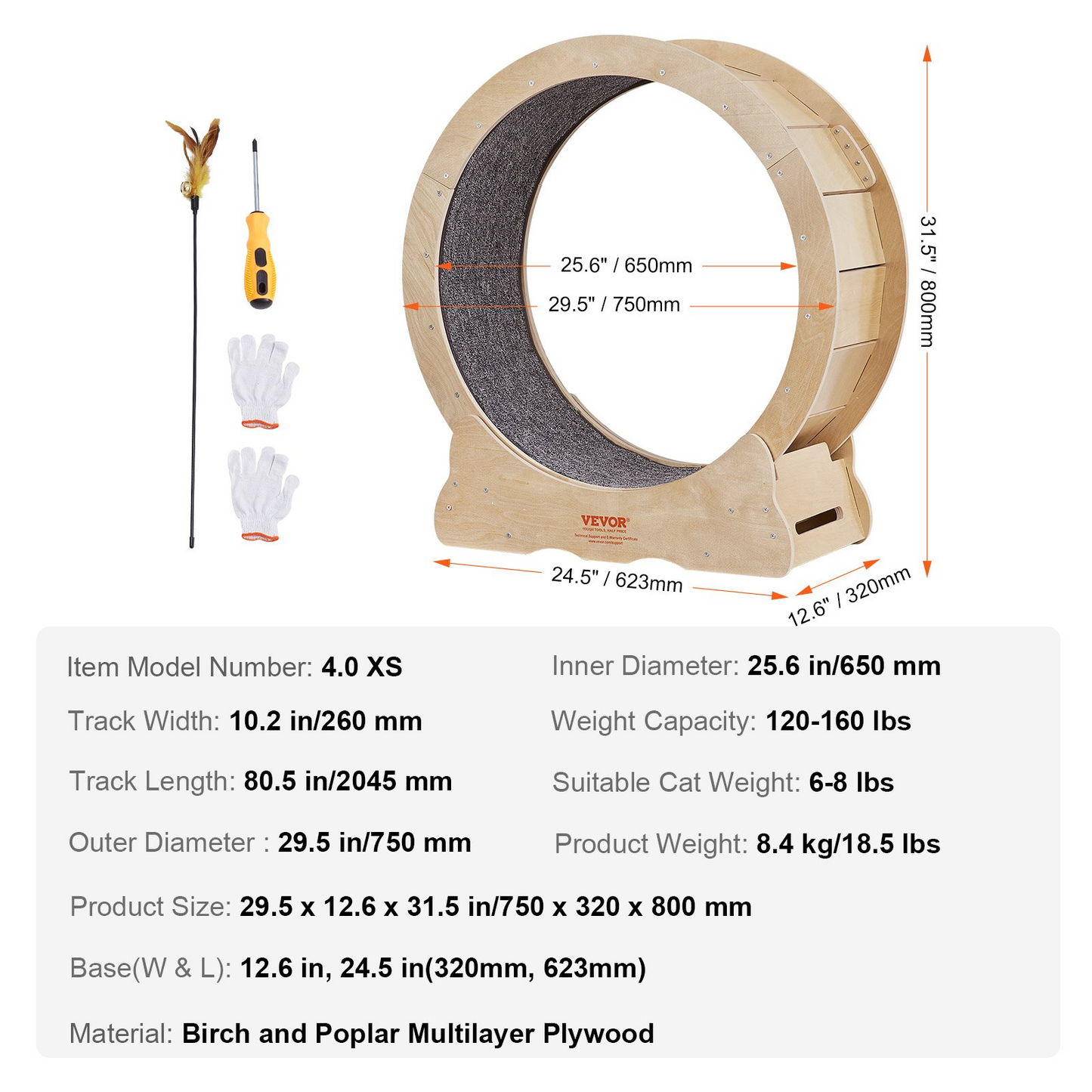 VEVOR Cat Exercise Wheel, Large Cat Treadmill Wheel for Indoor Cats, 29.5 inch Cat Running Wheel with Detachable Carpet and Cat Teaser for Running/Walking/Training, Suitable for Most Cats