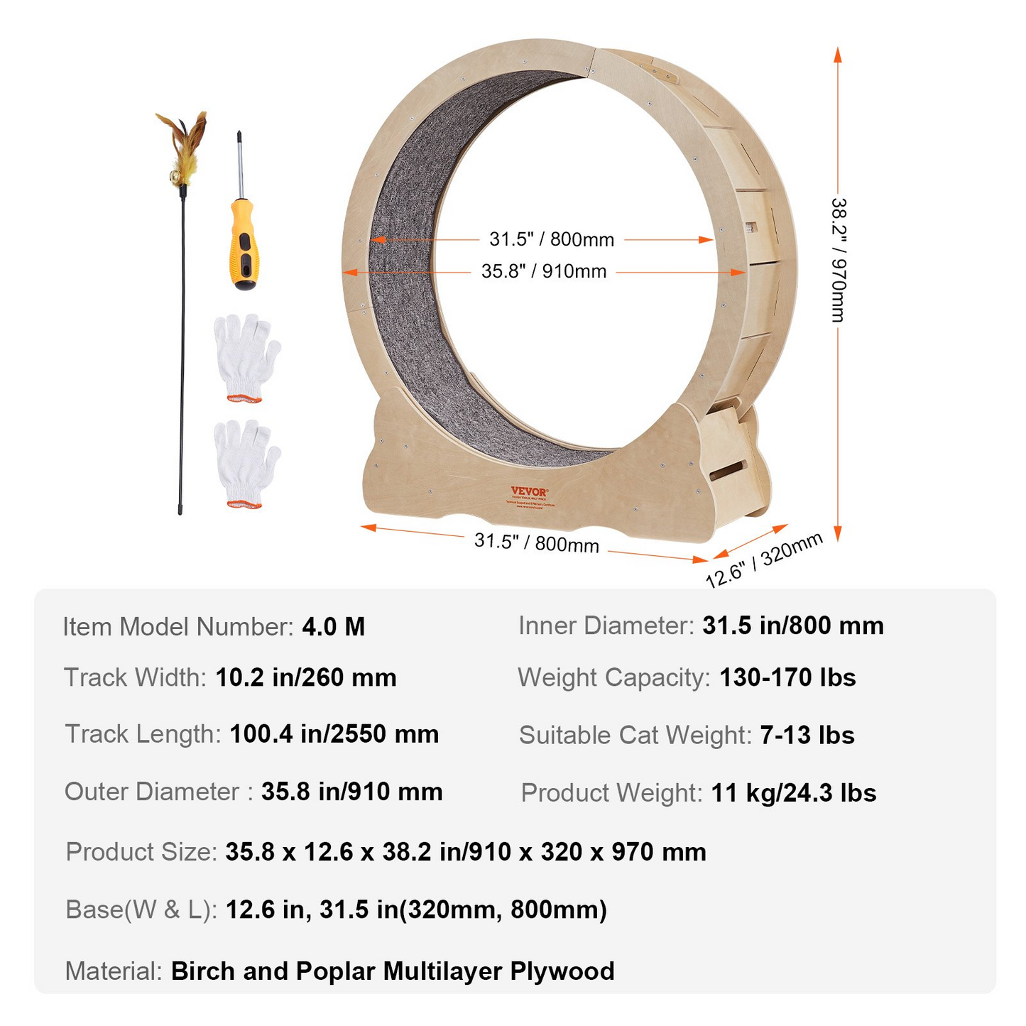 VEVOR Cat Exercise Wheel, Large Cat Treadmill Wheel for Indoor Cats, 35.8 inch Cat Running Wheel with Detachable Carpet and Cat Teaser for Running/Walking/Training, Suitable for Most Cats