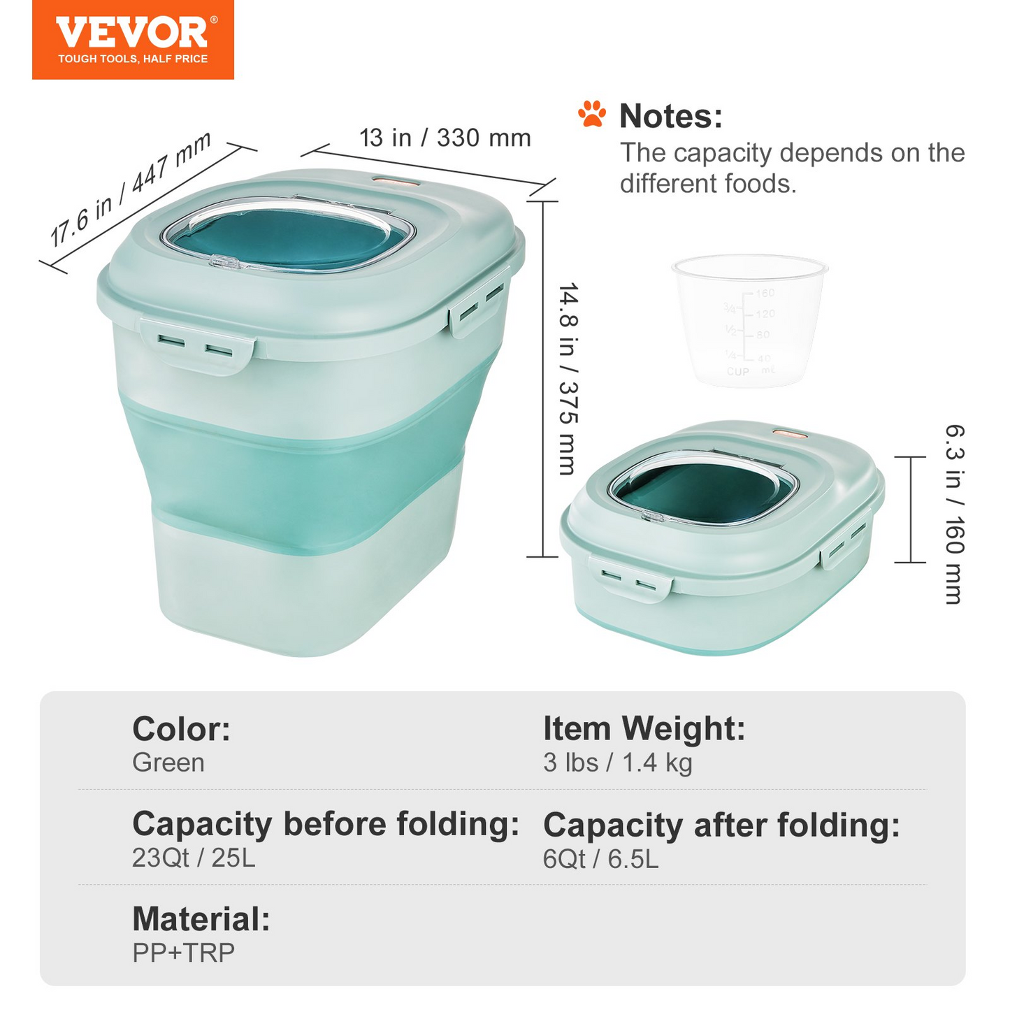 VEVOR Collapsible Dog Food Storage Container, 50 lbs Capacity Large Dispenser Bin with Attachable Casters, Airtight Lid Kitchen Rice Cereal Flour Bin, Pet food Containers For Cat, Bird, Other Pet Food