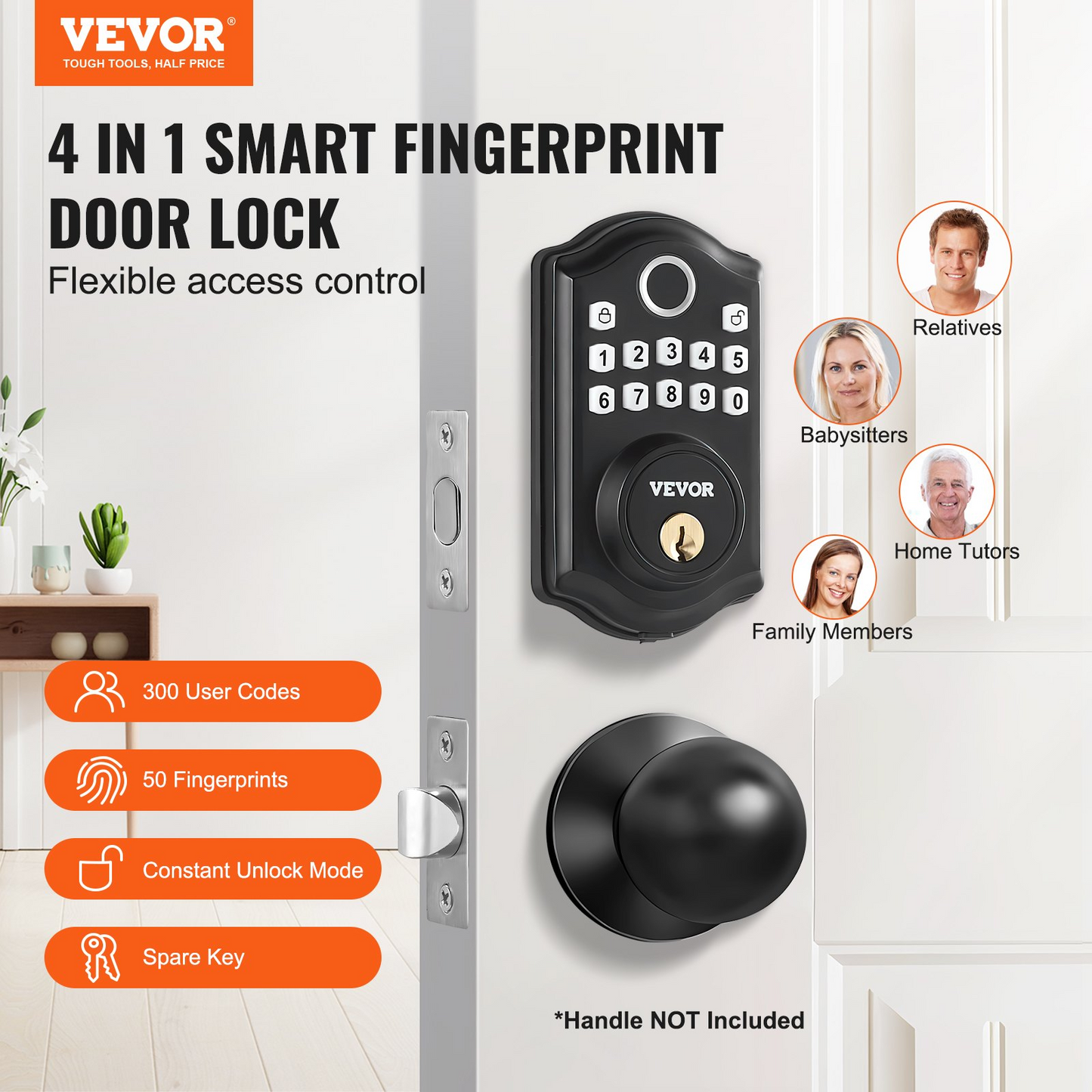 VEVOR Fingerprint Door Lock, Keyless Entry Door Lock with Fingerprint/Keypad Code/Key, Auto Lock, Anti-Peeking Password, IP 63 Rating for Front Door, Electronic Keypad Deadbolt with 300 Users