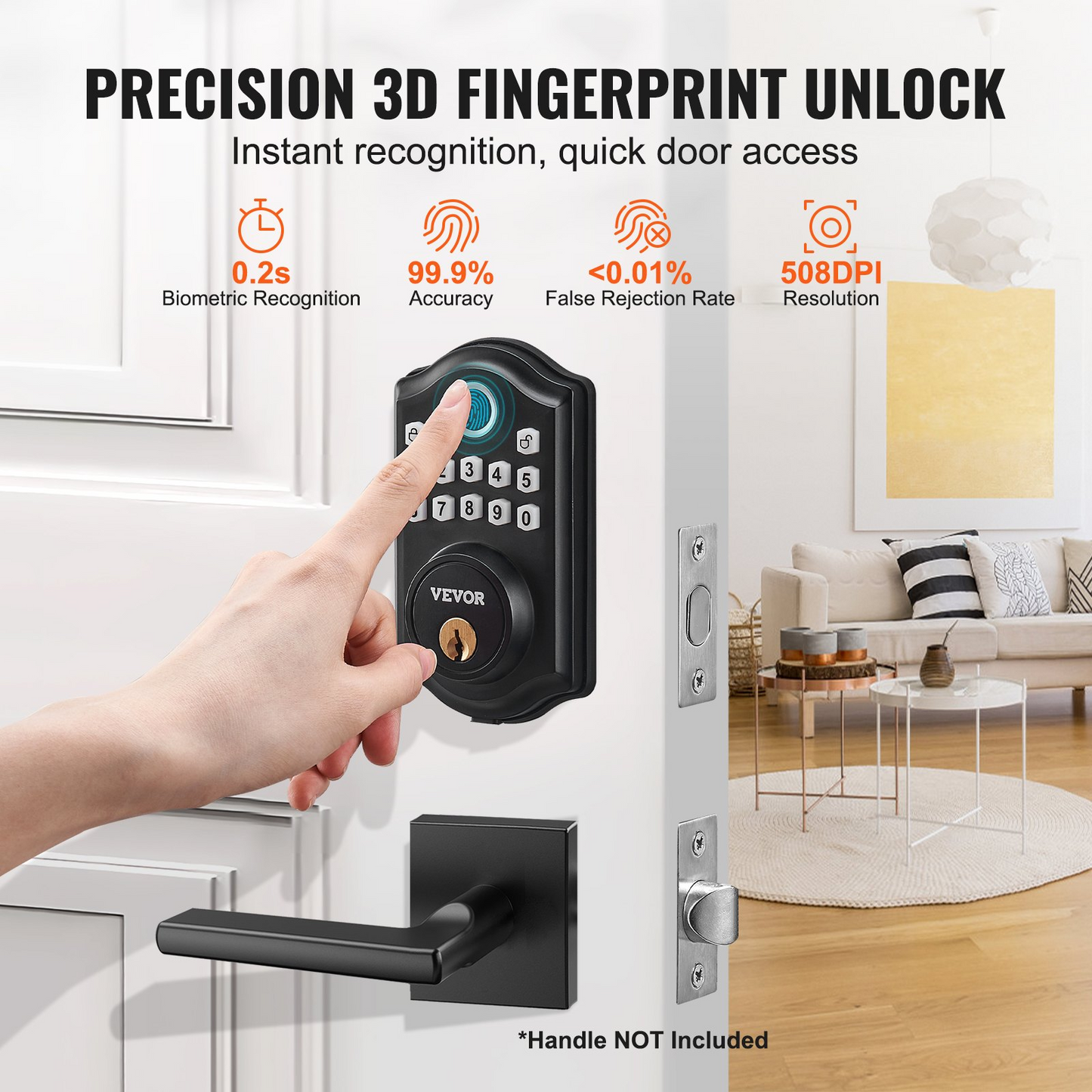 VEVOR Fingerprint Door Lock, Keyless Entry Door Lock with Fingerprint/Keypad Code/Key, Auto Lock, Anti-Peeking Password, IP 63 Rating for Front Door, Electronic Keypad Deadbolt with 300 Users