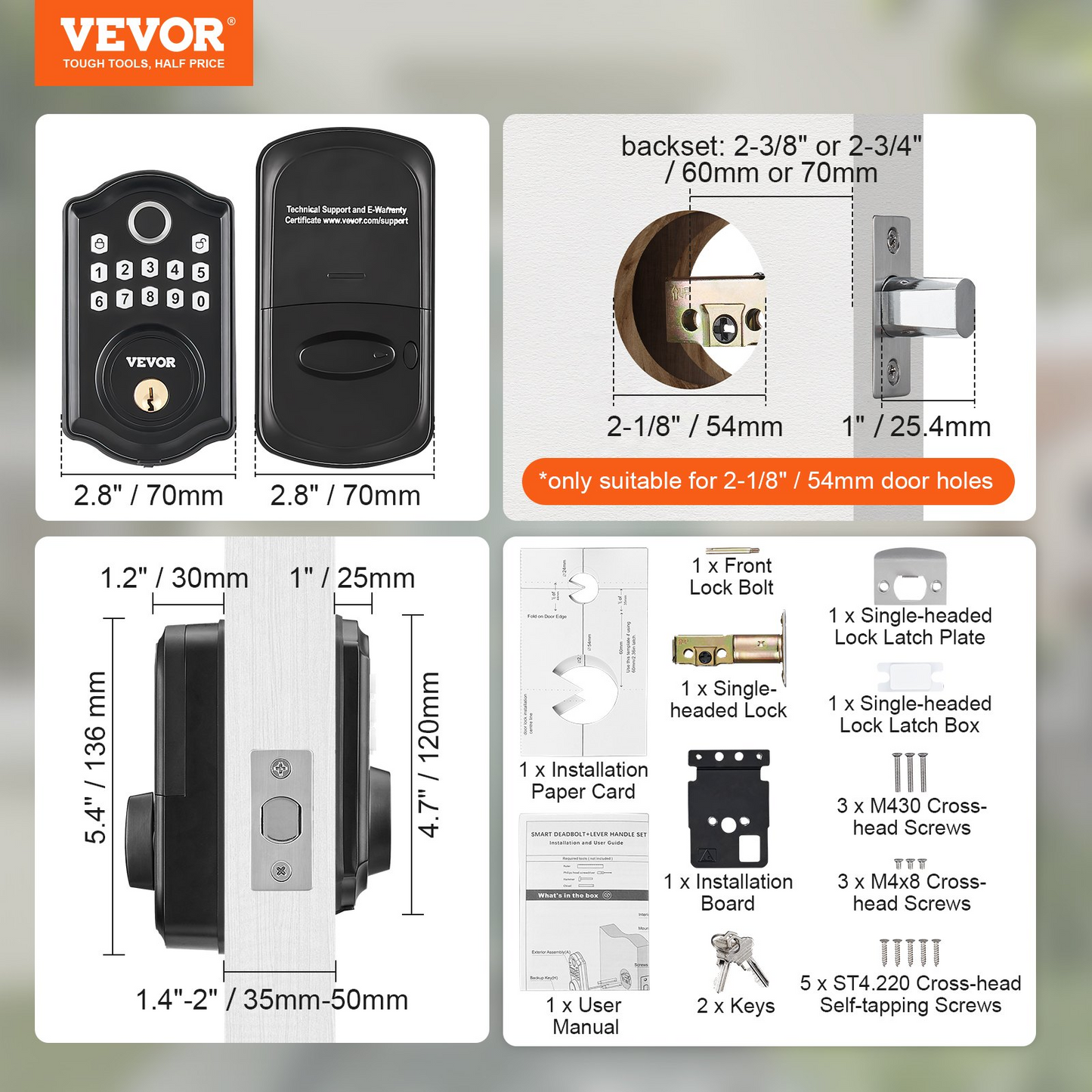 VEVOR Fingerprint Door Lock, Keyless Entry Door Lock with Fingerprint/Keypad Code/Key, Auto Lock, Anti-Peeking Password, IP 63 Rating for Front Door, Electronic Keypad Deadbolt with 300 Users