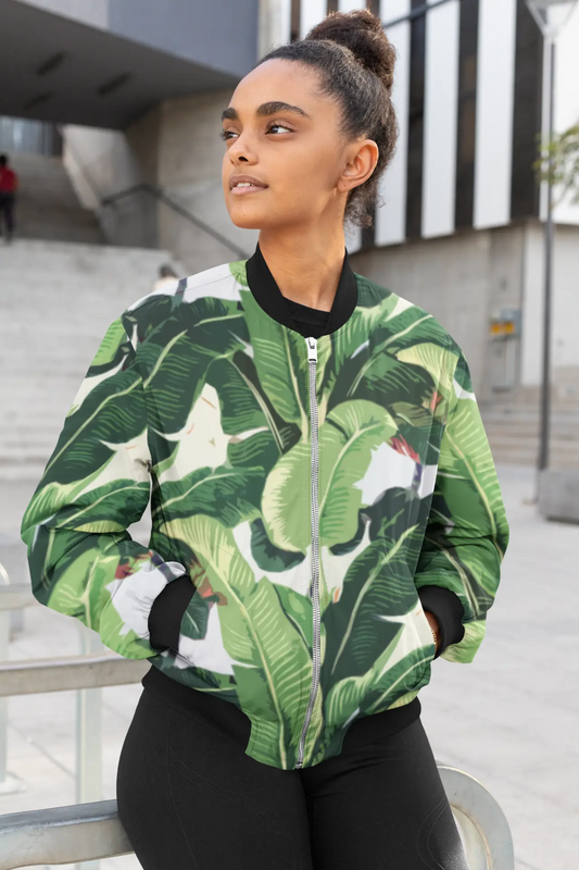 Banana leaves pattern Fitted Waist Sweater design Female Bomber Jacket