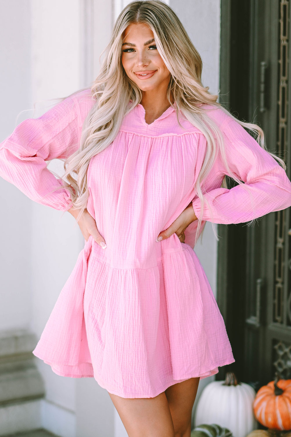 Anya Turn-down Neck Textured Bubble Sleeve Dress