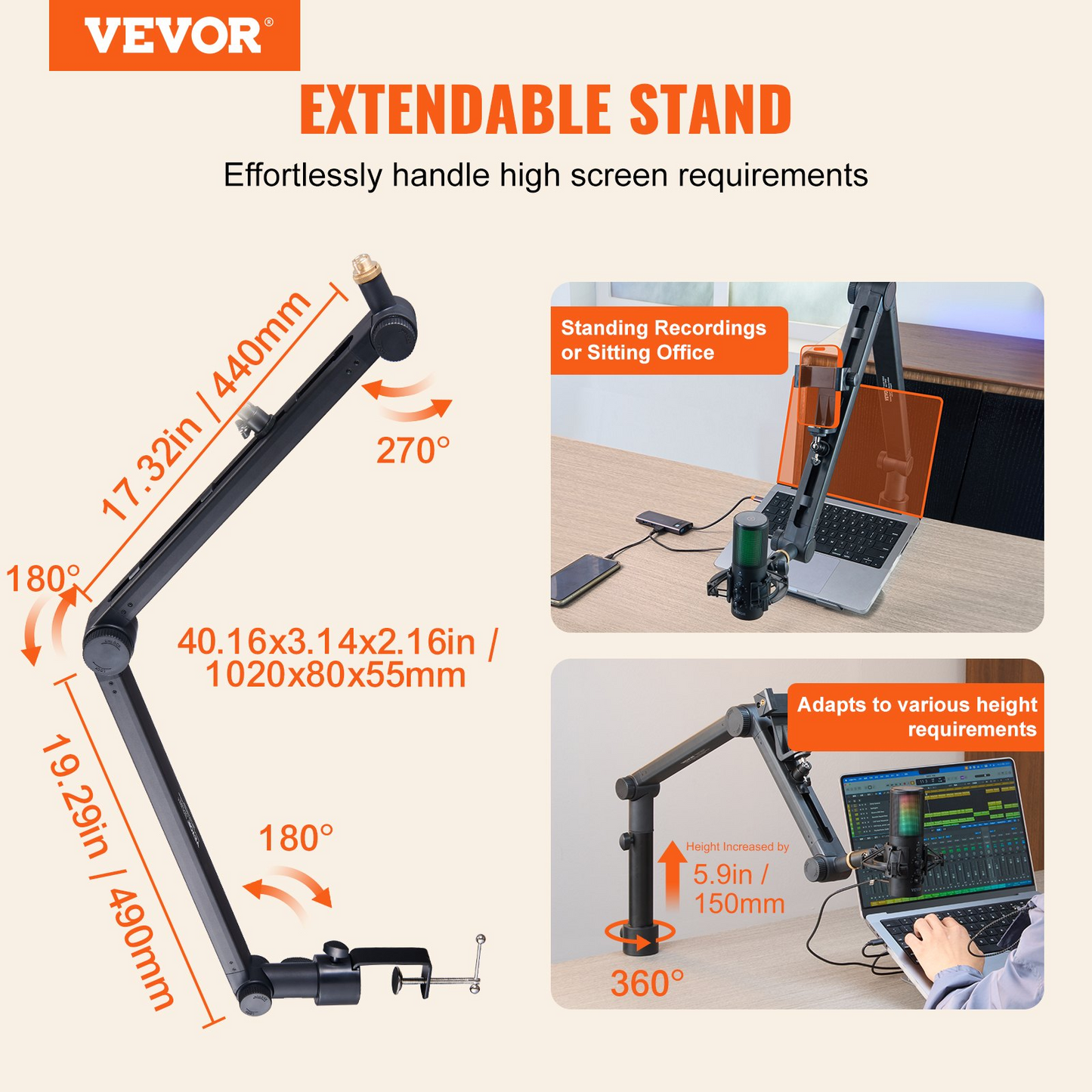 VEVOR Microphone Boom Arm with Desk Mount, 360° Rotatable, Adjustable Mic Stand with 3/8" to 5/8" Adapter Port, for Recording Blue Yeti Hyperx Quadcast Blue Snowball Shure SM7B Audio Technica