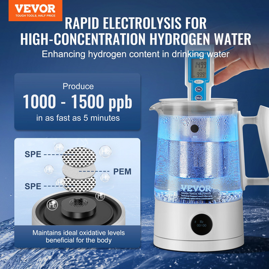 VEVOR Hydrogen Water Pitcher Generator, 1.5 L / 52.8 oz Large Capacity Hydrogen Generator Water Kettle, SPE and PEM Technology, Hydrogen Rich Water Ionizer Machine for Brewing Coffee or Tea