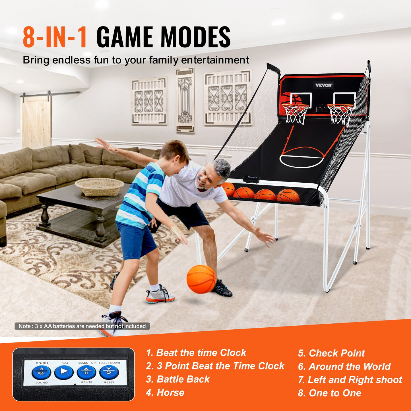 VEVOR Foldable Basketball Arcade Game, 2 Player Indoor Basketball Game, Home Dual Shot Sport with 4 Balls, 8 Game Modes, Electronic Scoreboard, and Inflation Pump, for Kids, Adults (Black & White)