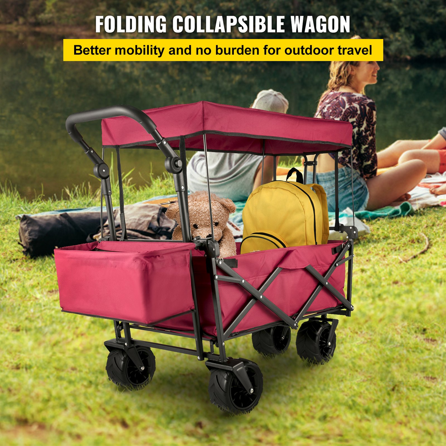 Extra Large Collapsible Garden Cart with Removable Canopy, Folding Wagon Utility Carts with Wheels and Rear Storage, Wagon Cart for Garden, Camping, Grocery Cart, Shopping Cart, Red