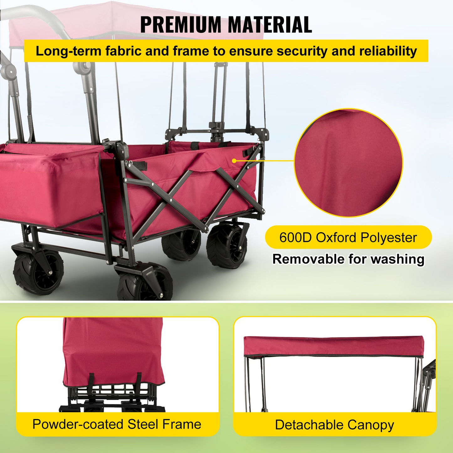 Extra Large Collapsible Garden Cart with Removable Canopy, Folding Wagon Utility Carts with Wheels and Rear Storage, Wagon Cart for Garden, Camping, Grocery Cart, Shopping Cart, Red