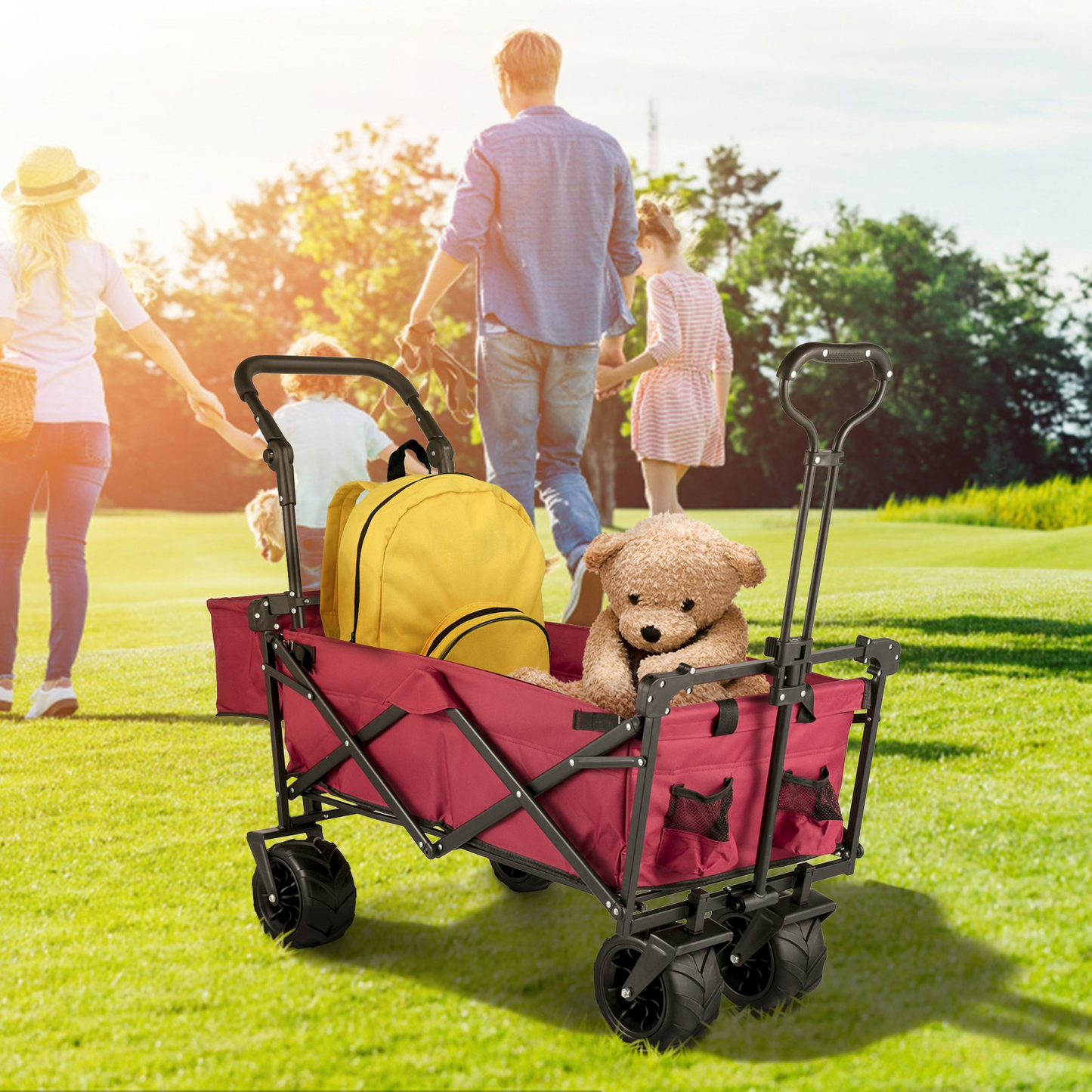 Extra Large Collapsible Garden Cart with Removable Canopy, Folding Wagon Utility Carts with Wheels and Rear Storage, Wagon Cart for Garden, Camping, Grocery Cart, Shopping Cart, Red