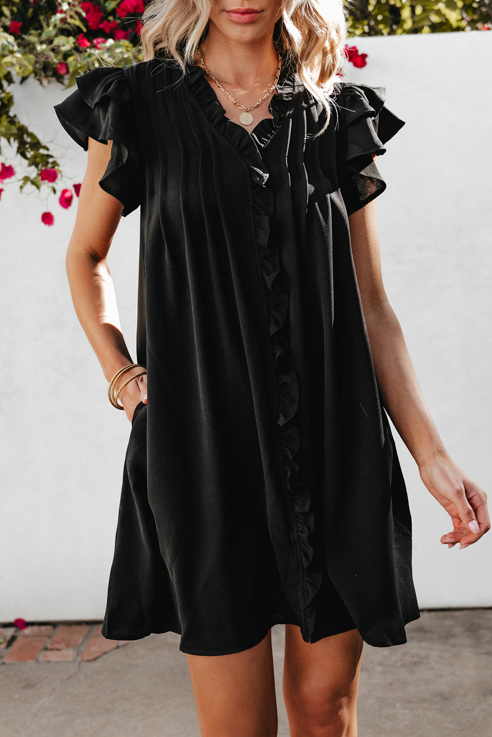 Pearl Ruffle Sleeve V Neck Frilled Shift Dress