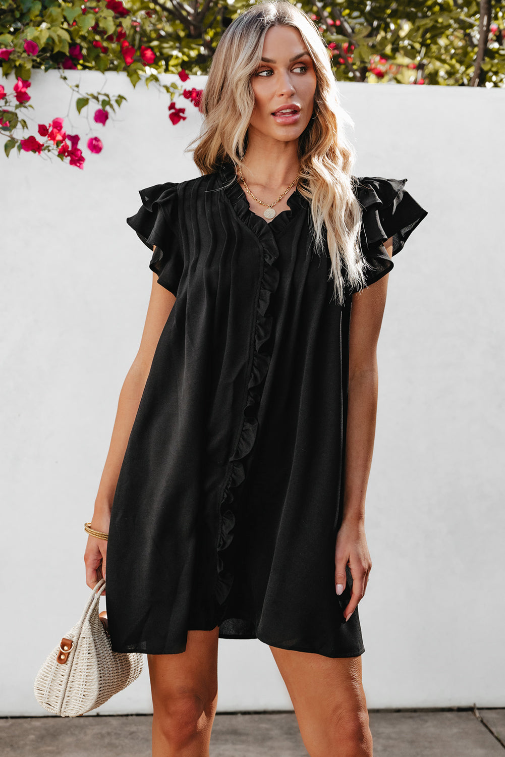 Pearl Ruffle Sleeve V Neck Frilled Shift Dress