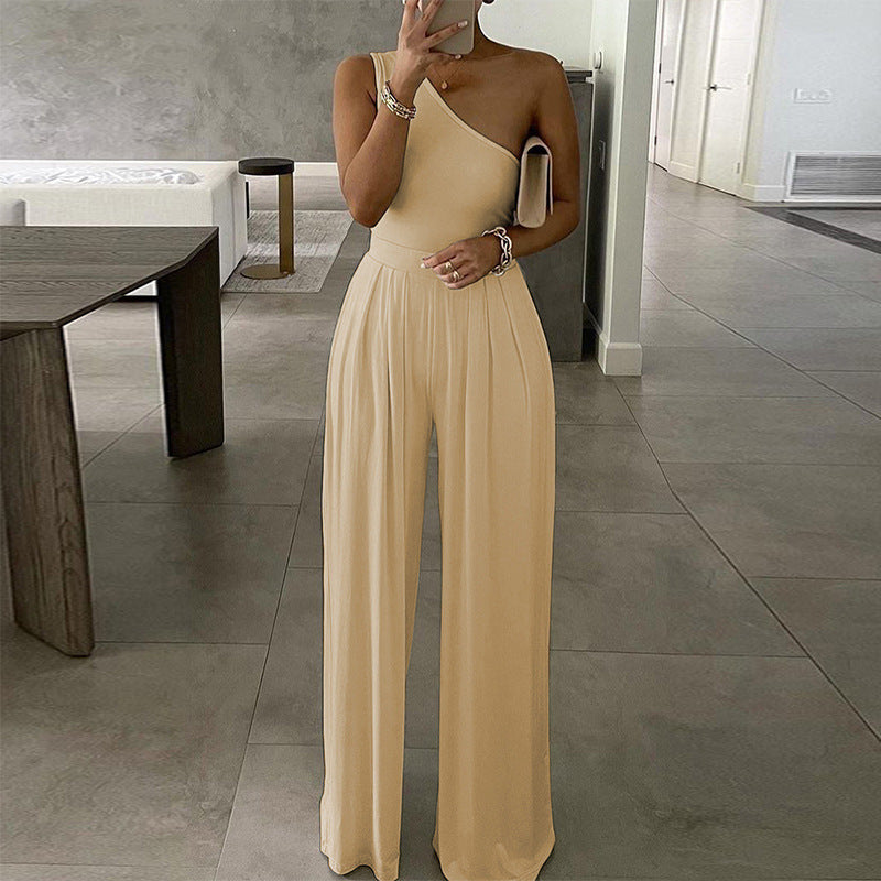 One-shoulder Sleeveless Asymmetric Casual Jumpsuit Solid Color Jumpsuit