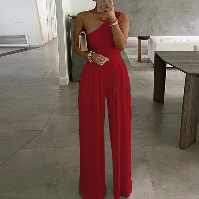 One-shoulder Sleeveless Asymmetric Casual Jumpsuit Solid Color Jumpsuit