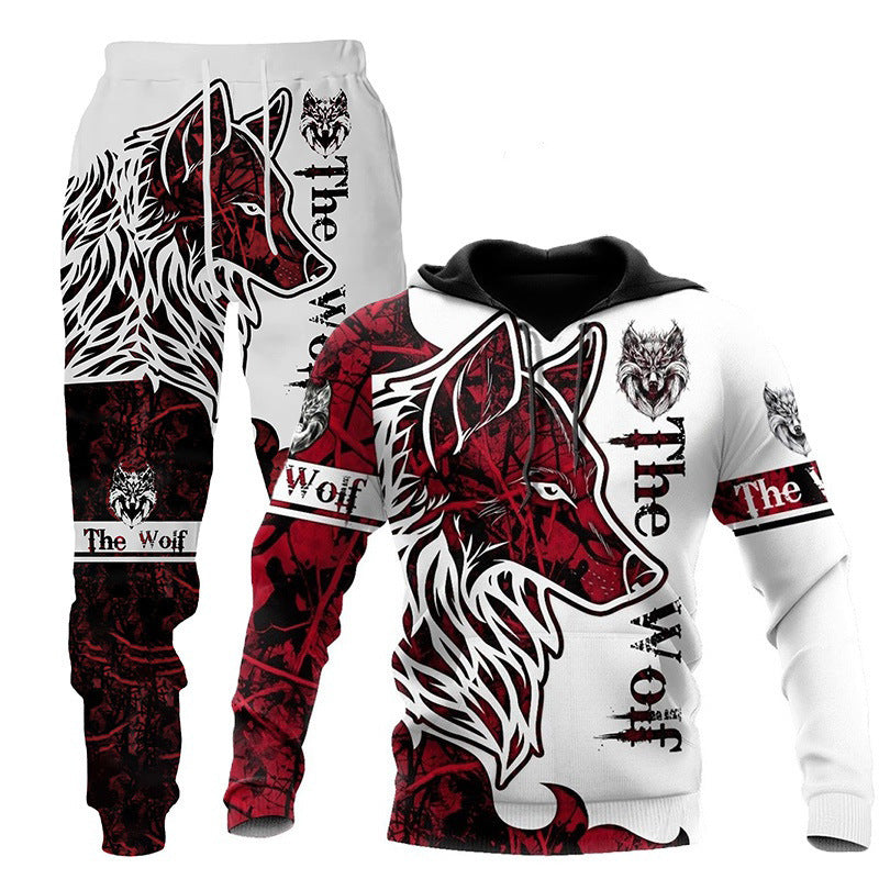 3D Wolf Print Tracksuit Men Sportswear Hooded Sweatsuit Two Piece Outdoors Running Fitness Mens Clothing Jogging Set