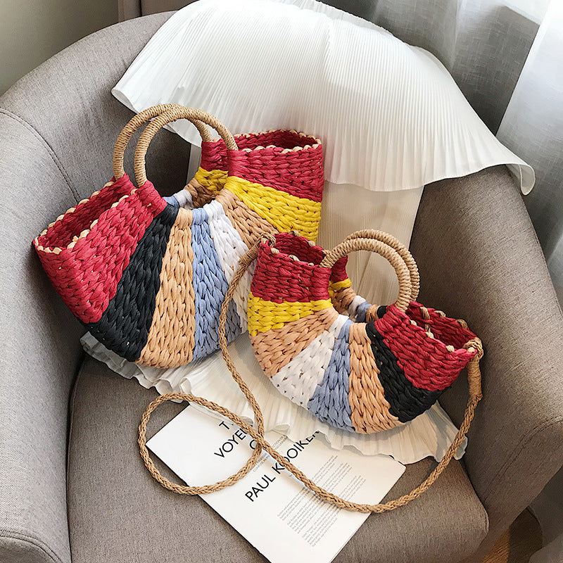 New Style Straw Woven Color Round Bucket Handbag