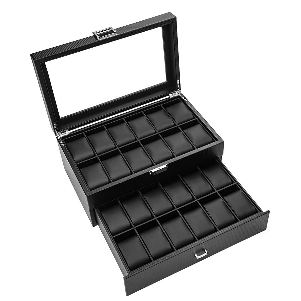 Double Layer 24 Bit Carbon Fiber PU Watch Storage Box