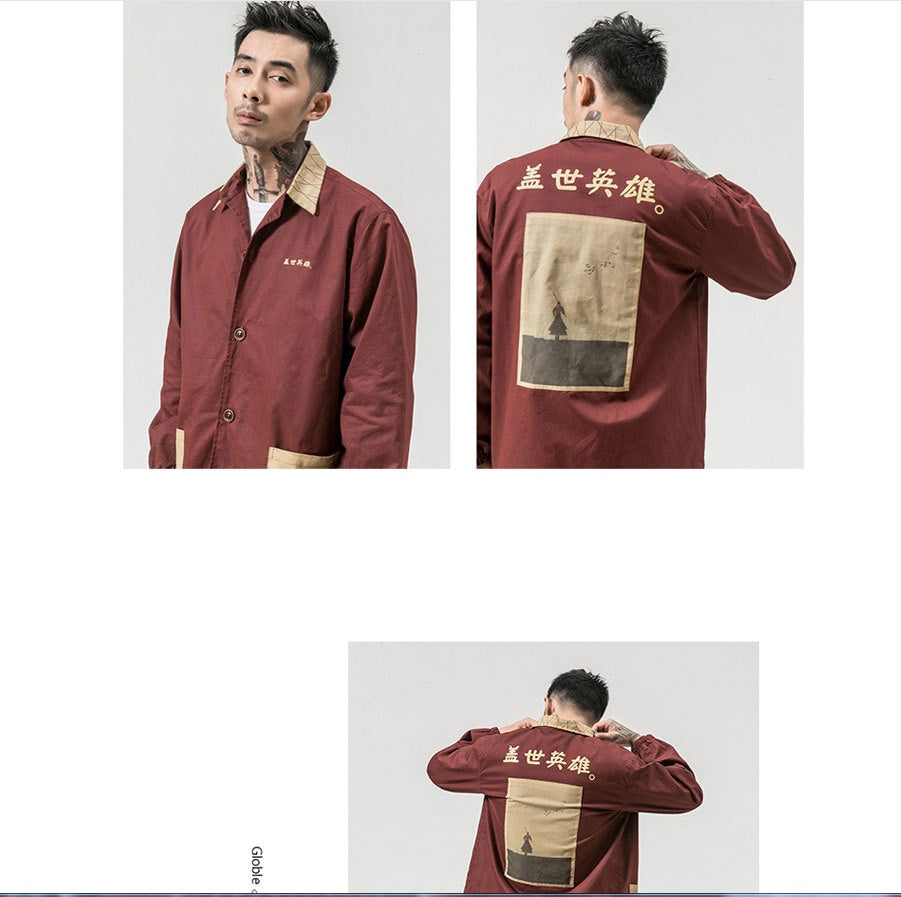 men's printing casual large size jacket Chinese style retro buckle casual loose jacket