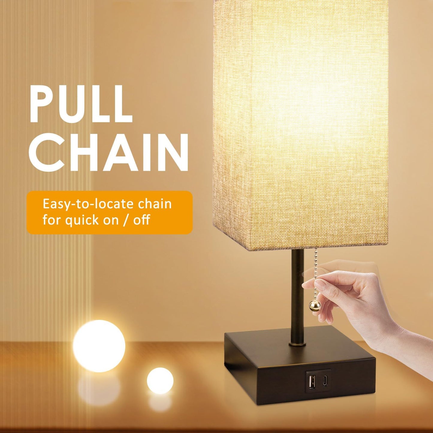 Bedside Table Lamp With 3 Levels Brightness Small Lamp With USB C & A Nightstand Lamp With Pull Chain Bedroom Lamp For Living Read Work