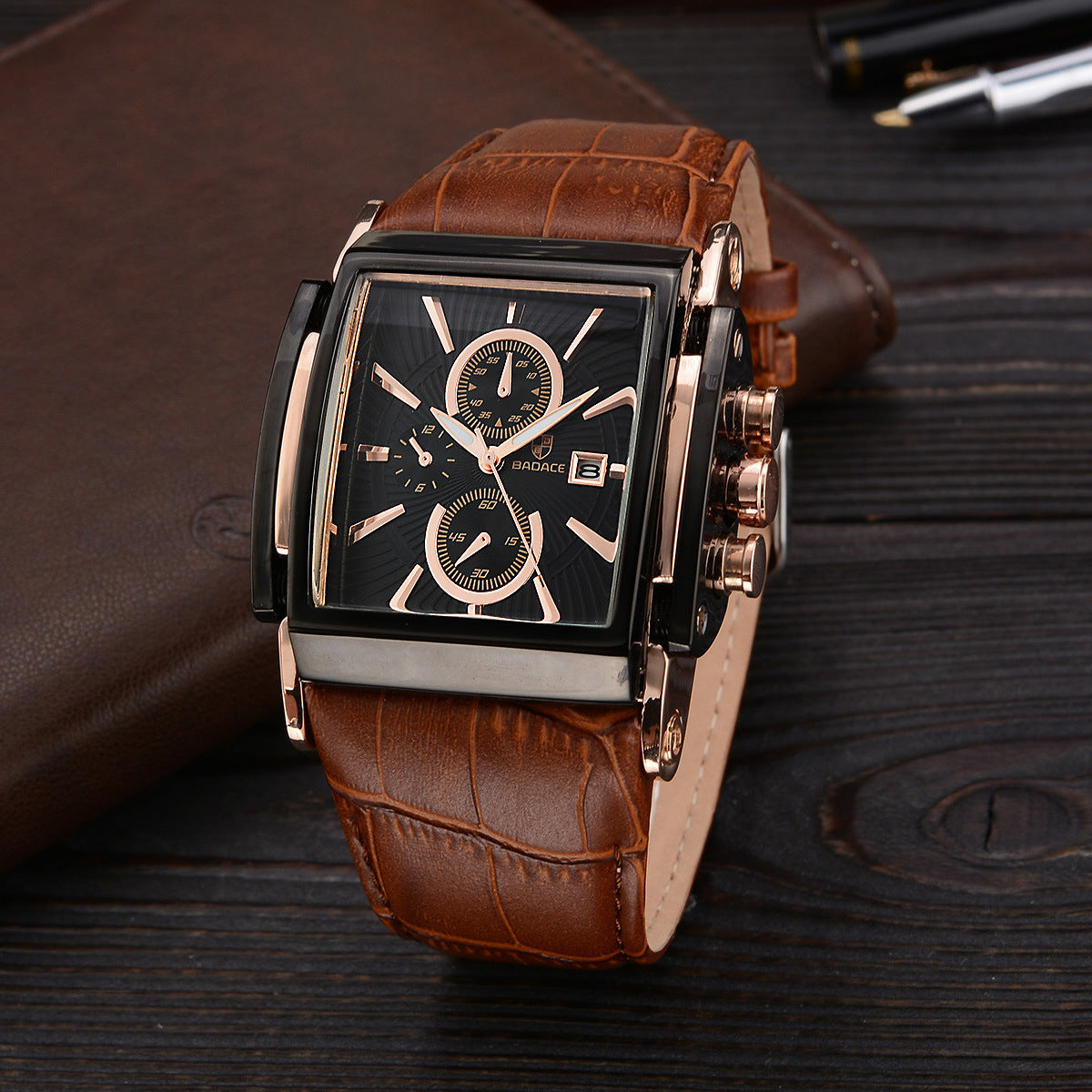 Square leather strap watch men