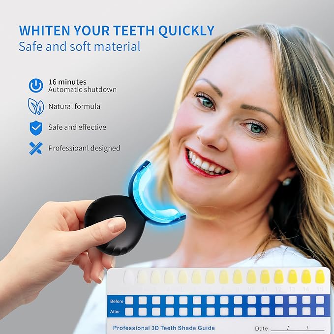 Wireless Teeth Whitening Kit With 16-Point LED Blue Lights Accelerator, Natural Whitening Effective Stain Removal Include 4 Teeth Whitening Gel Pens Complimentary Color Card