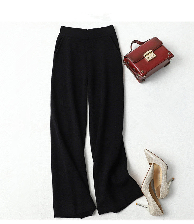 High waist thick straight cashmere wide leg pants