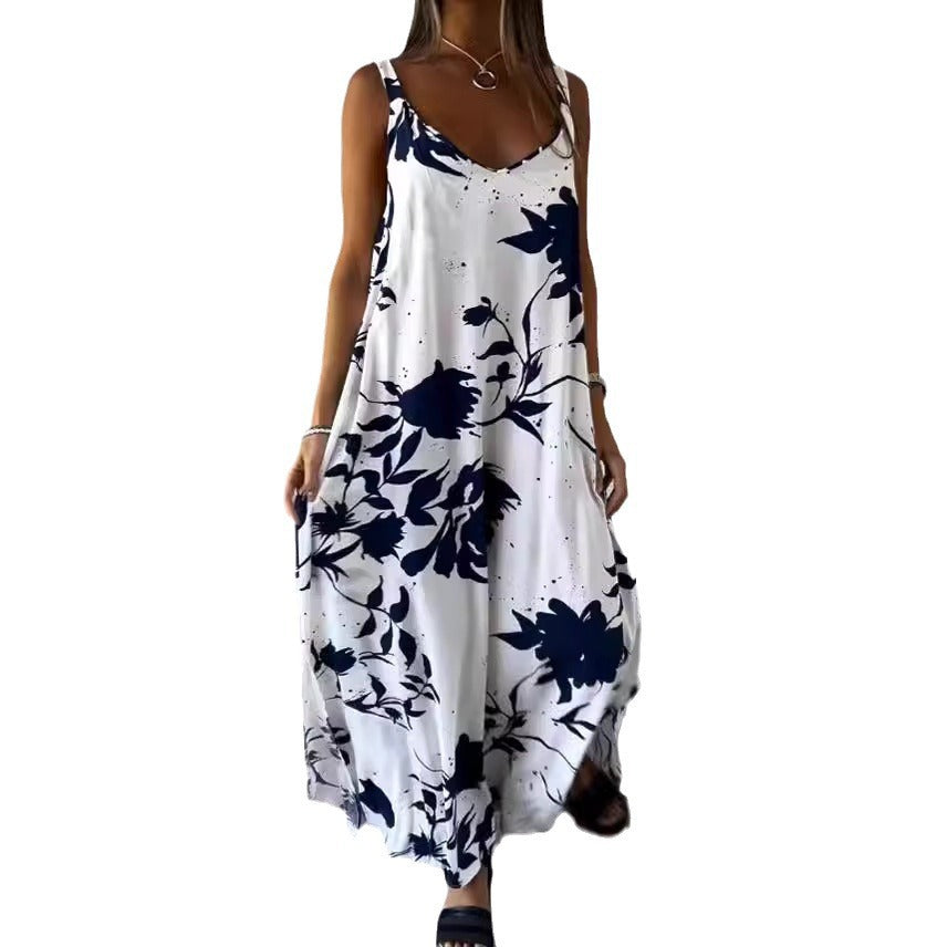 2024 Summer Printed Sling Backless V-neck Dress