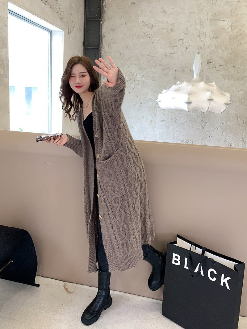 Retro Lazy Good Matching Knitted Cardigan Jacket Female Mohair Mid-length Wool Loose