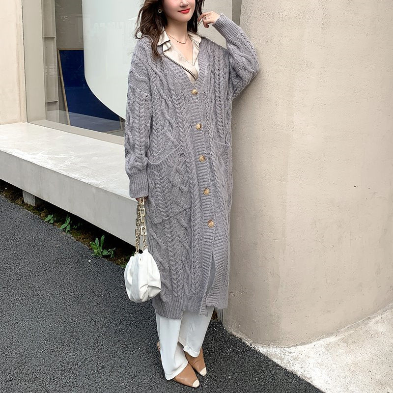 Retro Lazy Good Matching Knitted Cardigan Jacket Female Mohair Mid-length Wool Loose