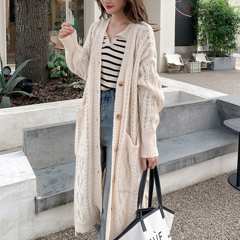 Retro Lazy Good Matching Knitted Cardigan Jacket Female Mohair Mid-length Wool Loose