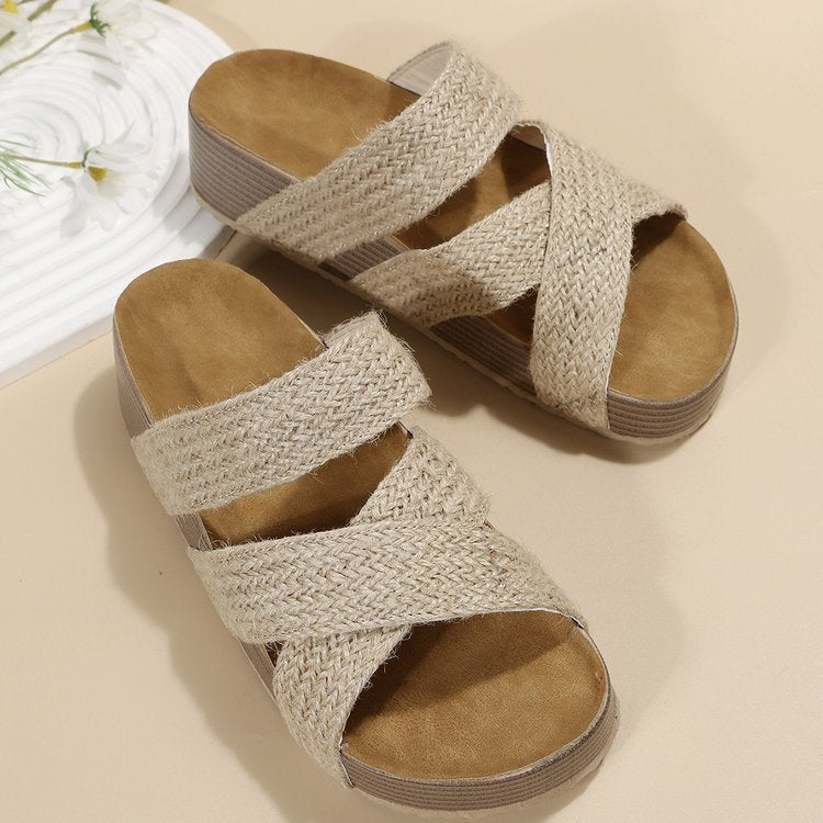 Woven Cross-strap Slippers Summer Platform Sandals Women Flat Beach Shoes