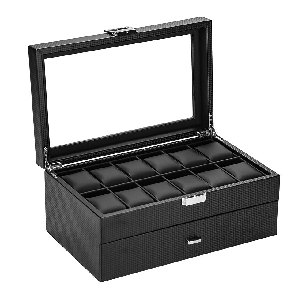 Double Layer 24 Bit Carbon Fiber PU Watch Storage Box