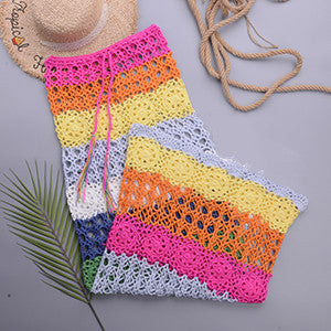 Women's Sexy Hollow Color Matching Hand Crochet Beach Long Skirt Bikini One-piece Sunscreen Blouse Skirt