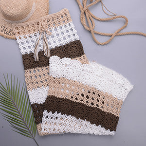 Women's Sexy Hollow Color Matching Hand Crochet Beach Long Skirt Bikini One-piece Sunscreen Blouse Skirt