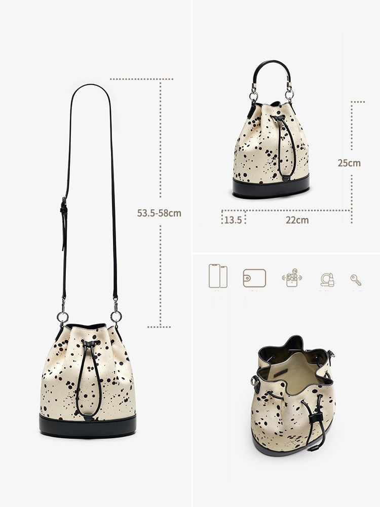 Top Layer Cowhide Cross Body Bucket Bag Large Capacity Handbag